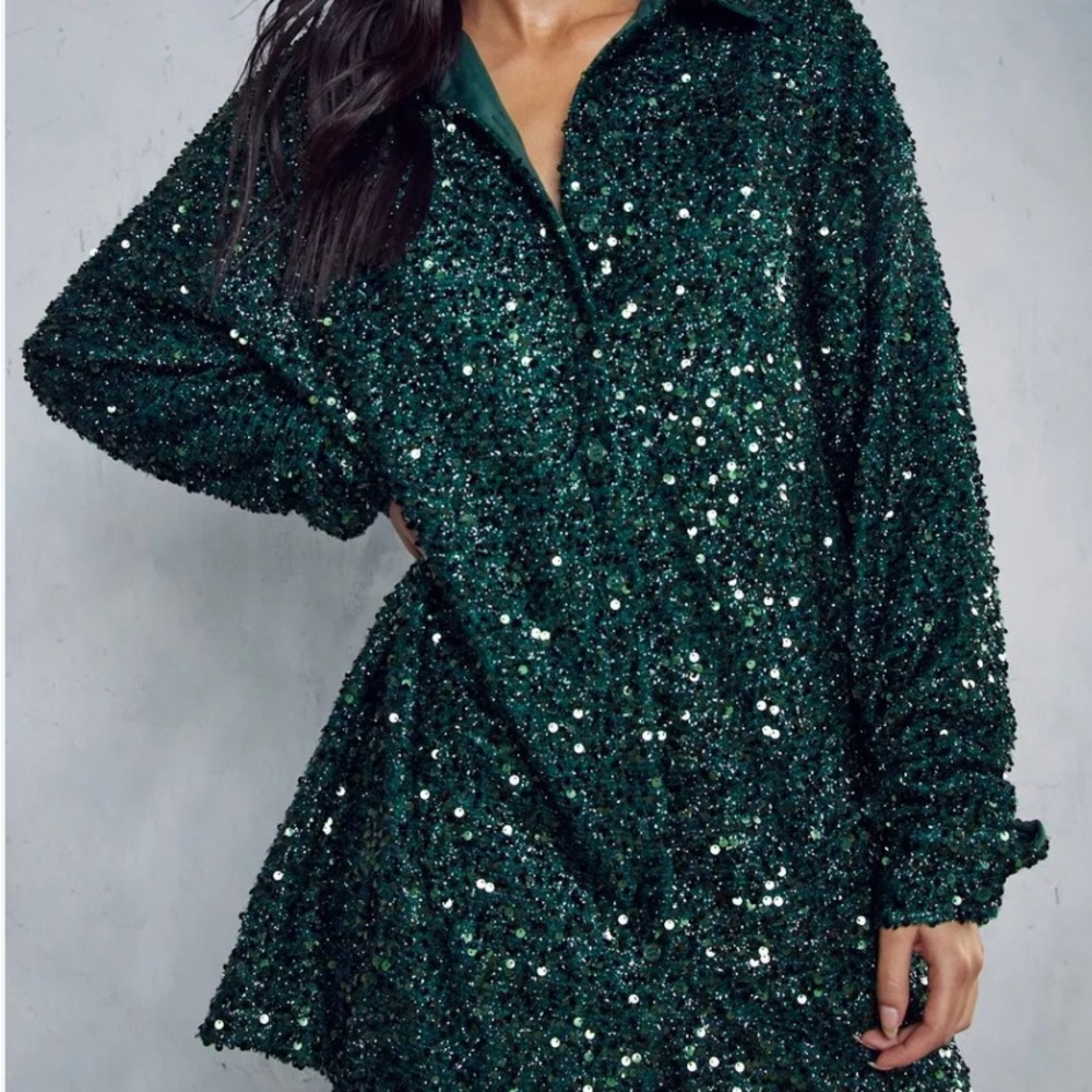Davi & Dani Dark Emerald Green Sequin Shirt Dress